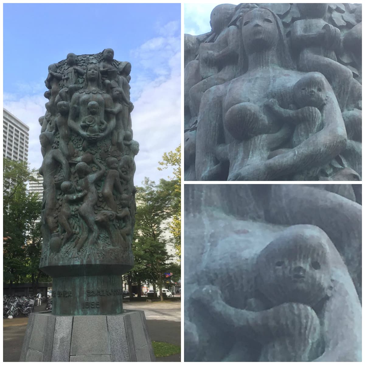 Durante esas semanas, Adam estuvo de visita por Japón. En una de sus caminatas por Saporo, esta extraña estatua llamó su atención: "me pareció extraña pero al mismo tiempo bella, la fotografié por varios ángulos, pues es cilíndrica. Casi tiro el teléfono al descubrir esto", dijo en referencia a la foto del niño con cabeza abollada. "Tal vez estoy exagerando, tal vez no sea nada", continuó. El escritor buscó información sobre la estatua, sin éxito.