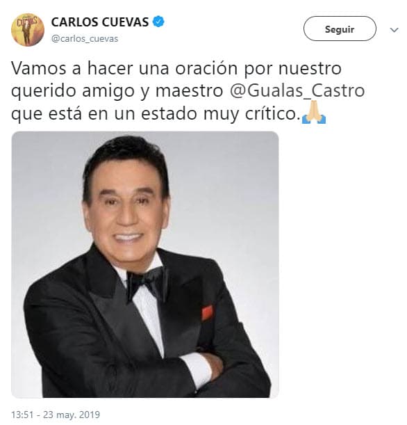 Bajo el previo rumor del supuesto cáncer que padecía, una publicación que hizo Carlos Cuevas este 23 de mayo en la misma red social alarmó a sus seguidores y a la propia familia Castro.
<br>