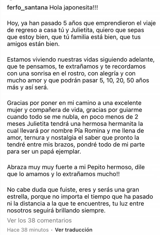 Fernando Santana le agradeció por 'mandarle' a la hija que concibió con Gina Crespo: "Gracias por poner en mi camino a una excelente mujer y compañera de vida, gracias por guiarme cuando todo se me nubla, en poco menos de 2 meses Julietita tendrá una hermosa hermanita la cual llevará por nombre Pía Romina y me llena de amor, ternura y nostalgia el saber que pronto la tendré entre mis brazos, pondré todo de mi parte para ser un papá ejemplar".