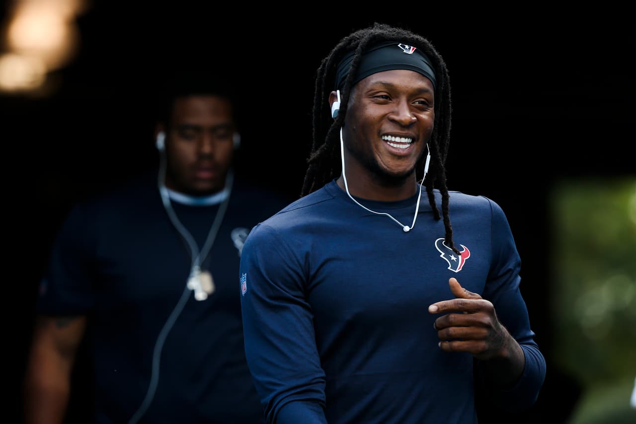 Houston Texans wide receiver DeAndre Hopkins (10) walks out for warm ups prior to a game against the Carolina Panthers on Wednesday, Aug. 9, 2017, in Charlotte, N.C. Carolina won 27-17. (Logan Bowles via AP)