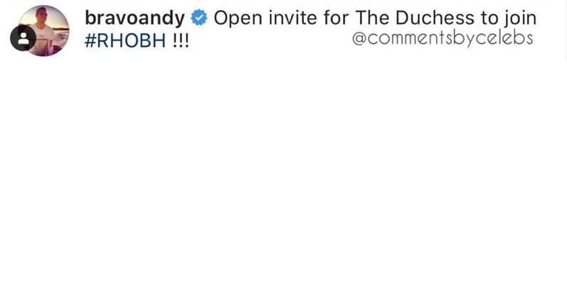Cohen, ejecutivo del canal Bravo, también le ofreció a la duquesa unirse al show 
<b><a href="https://www.bravotv.com/the-real-housewives-of-beverly-hills" target="_blank">'Real housewives of Beverly Hills'</a></b>: "Invitación abierta para que la duquesa se una a #RHOBH", escribió en una publicación de Instagram citada por 
<b><a href="https://www.instagram.com/p/B7EsEbQFsS9/" target="_blank">Celebs by Comments.</a></b>
<br>
