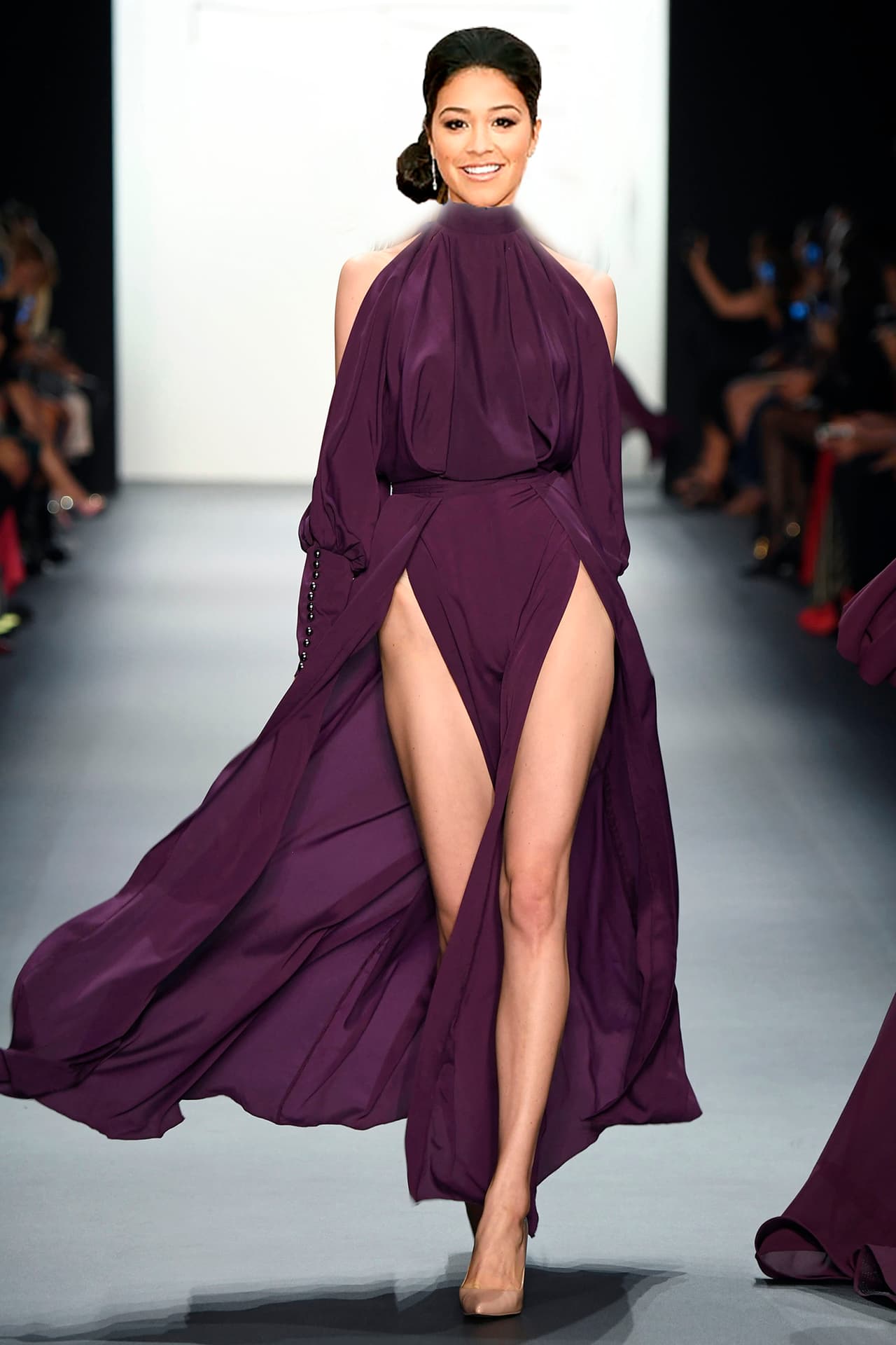 Este 'look' sencillo pero elegante sería idóneo para el estilo depurado de 
<a href="http://www.univision.com/entretenimiento/chismes/gina-rodriguez-los-latinos-tenemos-que-evitar-que-donald-trump-sea-presidente">Gina Rodríguez</a>. El recogido del pelo hace relucir el elegante cuello del vestido, y no necesita más accesorios que unos pendientes.