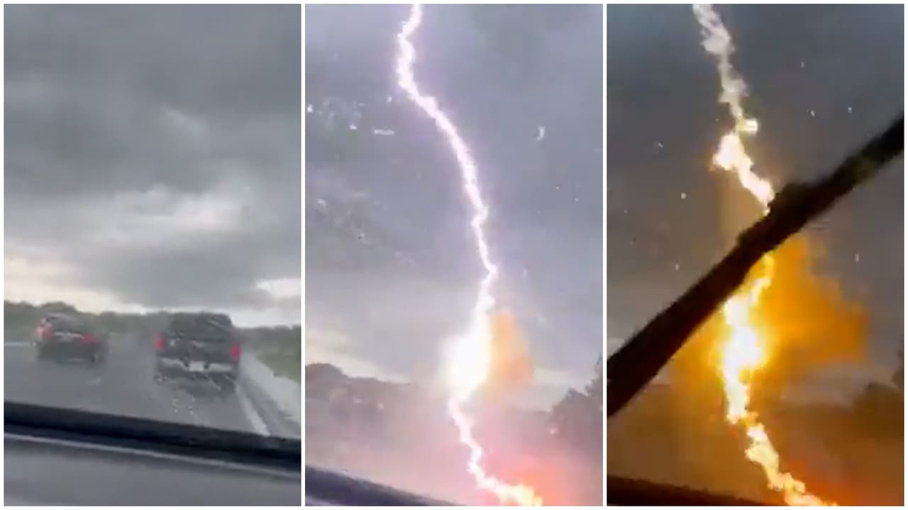 Un rayo cae sobre una camioneta en una autopista      