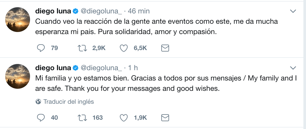 El actor Diego Luna aplaudió a su pueblo al tiempo de que se aseguró de contar que su familia estaba bien.