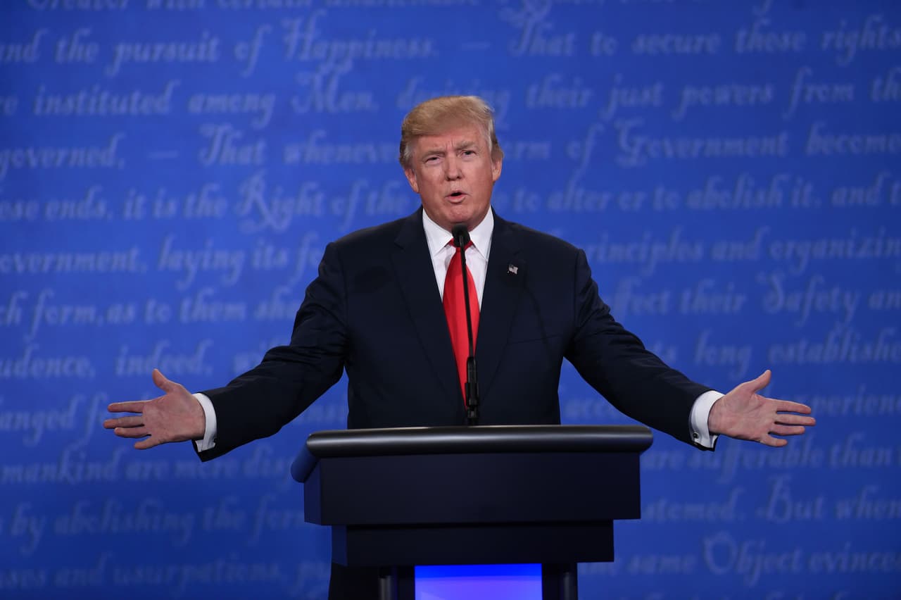 US Republican presidential candidate Donald Trump speaks during the final presidential debate at the Thomas & Mack Center on the campus of the University of Las Vegas in Las Vegas, Nevada on October 19, 2016. / AFP / SAUL LOEB (Photo credit should read SAUL LOEB/AFP/Getty Images)