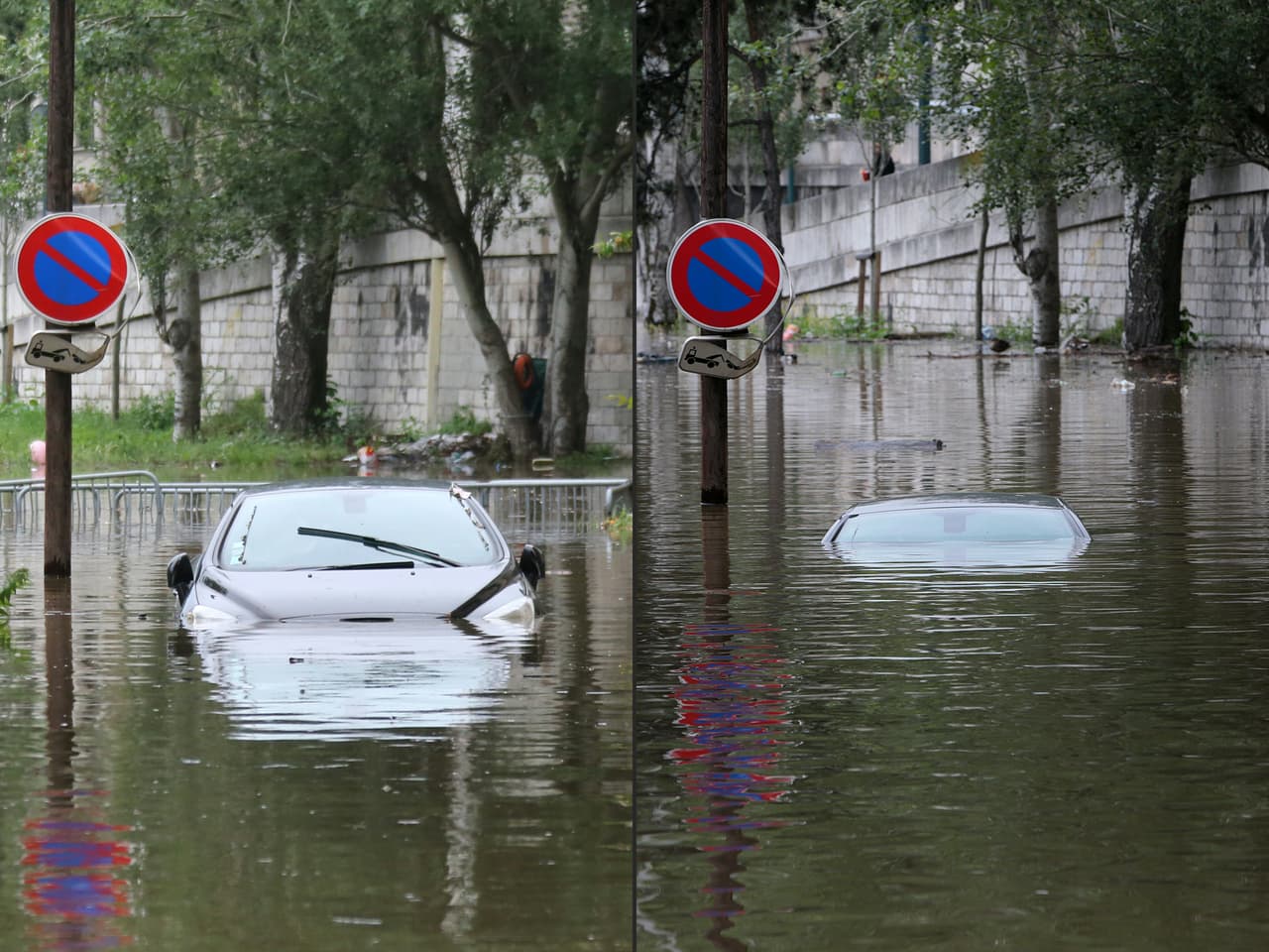 Esta combinación de fotografías de un vehículo sumergido en la ribera del Sena muestra cómo ha subido el nivel del agua del 2 al 3 junio.