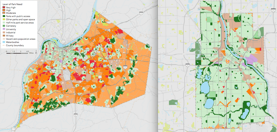 Nivel de “necesidad de parques” en Louisville (a la izquierda) y Minneapolis (a la derecha).