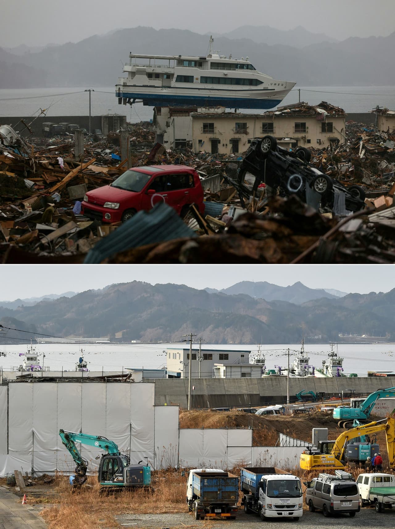 Otsuchi, prefectura Iwate prefecture. 16 de abril de 2011 y 28 de enero de 2021. Se estima que 20,000 personas estaban muertas o desaparecidas y cerca de 500,000 personas se vieron obligadas a evacuar. Además, el colapso de una planta de energía provocó una emergencia nuclear.