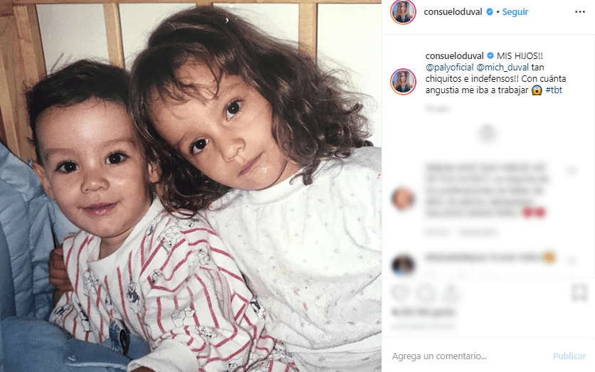 Consuelo Duval tuvo que trabajar muy duro para sacar adelante a sus hijos como mamá soltera, por lo que estar separada de ellos fue una de las cosas más difíciles que tuvo que enfrentar. Así lo expresó en su cuenta de Instagram con esta fotografía: "¡MIS HIJOS! Paly y Michel tan chiquitos e indefensos ¡Con cuánta angustia me iba a trabajar!".