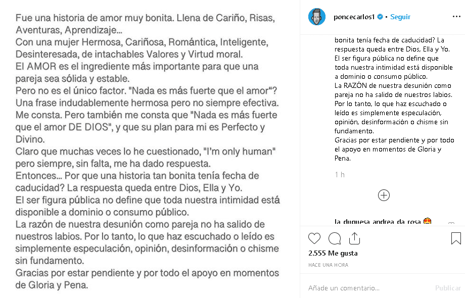 El actor y cantante puertorriqueño escribió un extenso mensaje, el cual inicia así: "Fue una historia de amor muy bonita. Llena de 
<b>cariño, risas, aventuras,</b> 
<b>aprendizaje</b>… Con una mujer hermosa, cariñosa, romántica, inteligente, desinteresada, de intachables valores y virtud moral".