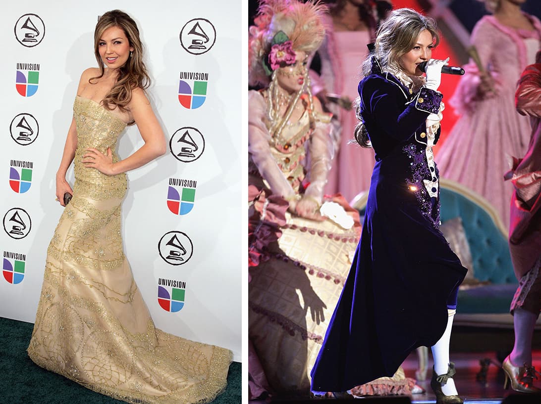 <span class="cms-h3-H3"><b>THALÍA.</b></span> En 2006 la cantante mexicana se transformó por completo. Para la alfombra eligió un vestido dorado con el que delineó sus curvas y para el escenario sorprendió con este look de la realeza europea del siglo XVIII.