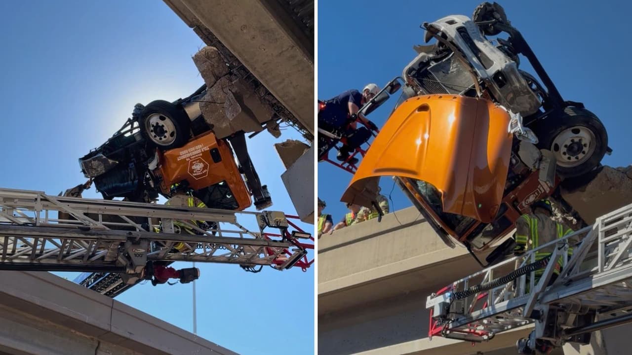 <b>En video 📹 </b>Un rescate en McKinney mantuvo a todos en vilo cuando un camión de remolque quedó colgando del puente en la Sam Rayburn Tollway. El conductor, Martín Vázquez, trató de esquivar un auto varado y terminó con medio camión suspendido en el aire.