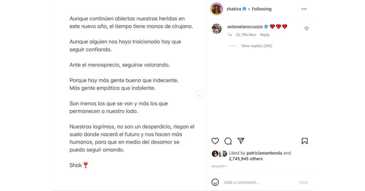 Antonela Roccuzzo comenta publicación de Shakira