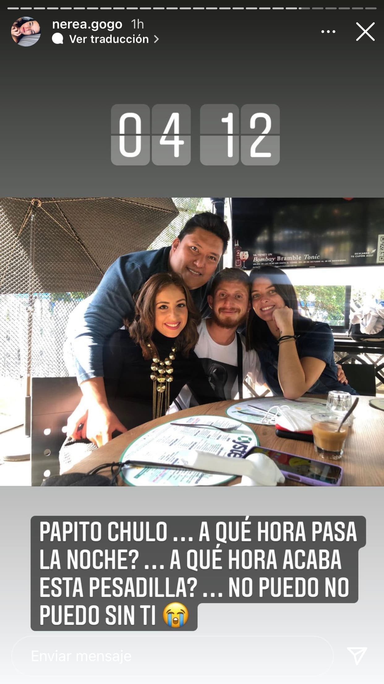 En la madrugada de este domingo 31 de octubre, Nerea Godínez se preguntó "a qué hora pasaba la noche": "No puedo, no puedo sin ti".