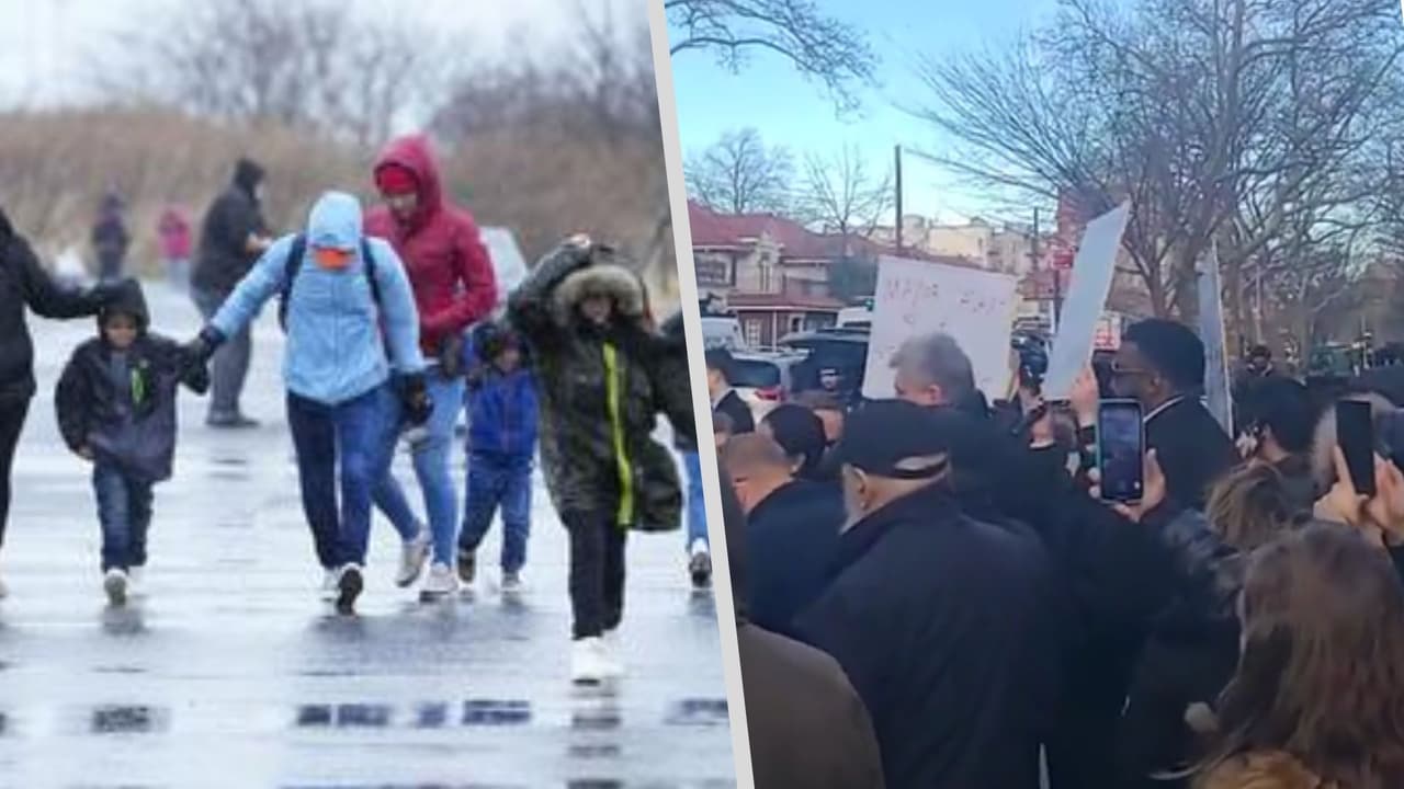 Inmigrantes llevados a escuela por tormenta regresan a Floyd Bennett; padres de alumnos protestan