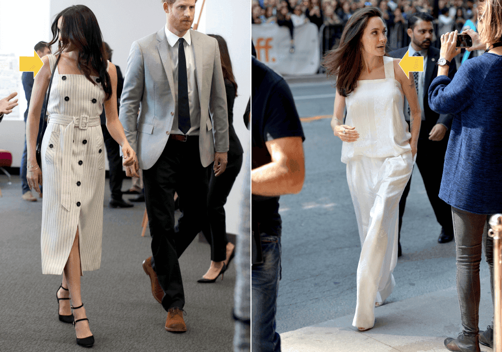 <b>TIRANTES ANCHOS: Angelina 2017 / Meghan 2018</b>
<br>Cuando en abril de este año Meghan apareció con un vestido sin mangas, de escote cuadrado y tirantes anchos
<a href="https://www.univision.com/entretenimiento/realeza/todos-y-cada-uno-de-los-outfits-de-meghan-desde-que-empezo-a-coderase-con-la-realeza-fotos">causó furor</a> por mostrar los brazos (una rareza en el protocolo de la realeza). Ese vestido, nos recuerda al conjunto veraniego de Givenchy con pantalón y top de seda que usó Angelina en el festival de cine de Toronto en 2017.