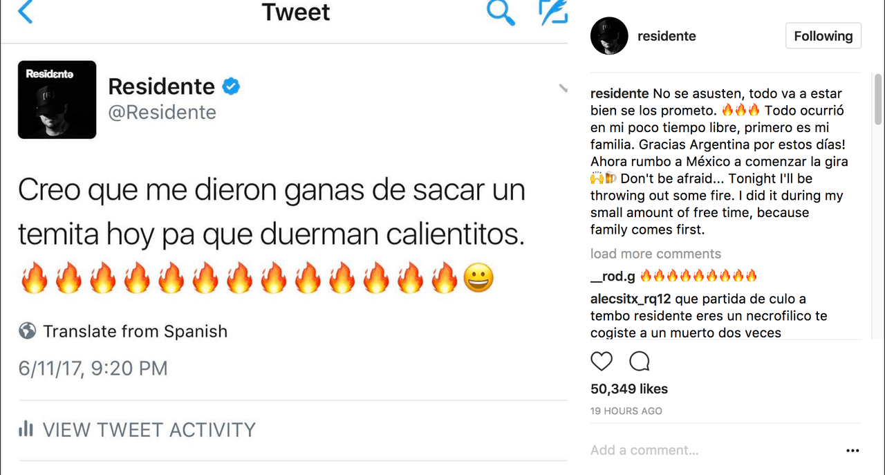 Residente anuncia es sus redes que en su tiempo libre que pronto estará lanzando un nuevo tema. No se sabía si era en respuesta a Tempo u otro poryecto personal.