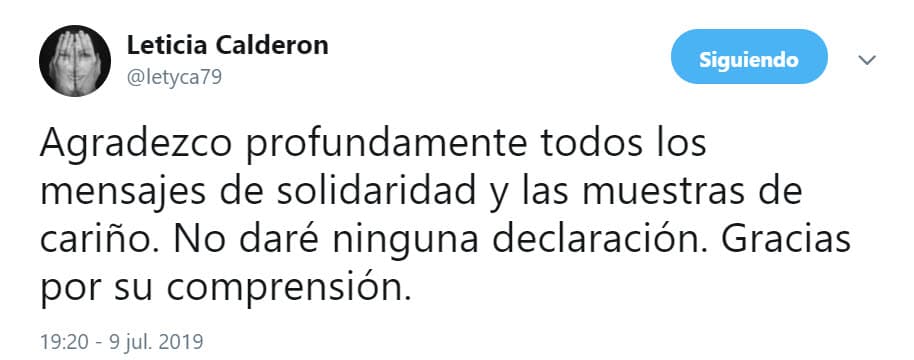En un breve tuit agradeció las muestras de solidaridad y dejó claro que no hablaría del caso.