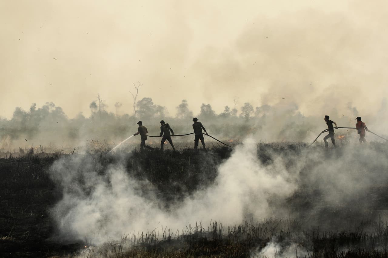 Bomberos luchan por apagar un incendio en Ogan Ilir en Sumatra del Sur. Muchos de los incendios en Indonesia ocurren porque propietarios de terrenos queman la tierra para limpiarla y luego sembrarla. El año anterior, Indonesia vivió un infierno. Según se reportó globalfiredata.org en octubre, hubo días en que los incendios de Indonesia emitieron más CO2 que toda la economía de EEUU. (Foto de septiembre de 2015)