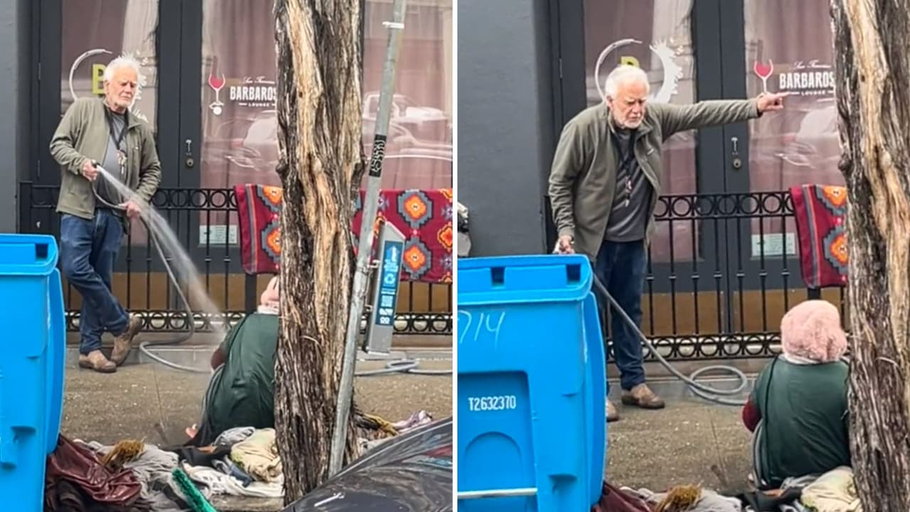 Dueño de galería riega con manguera a indigente para que se vaya de la calle