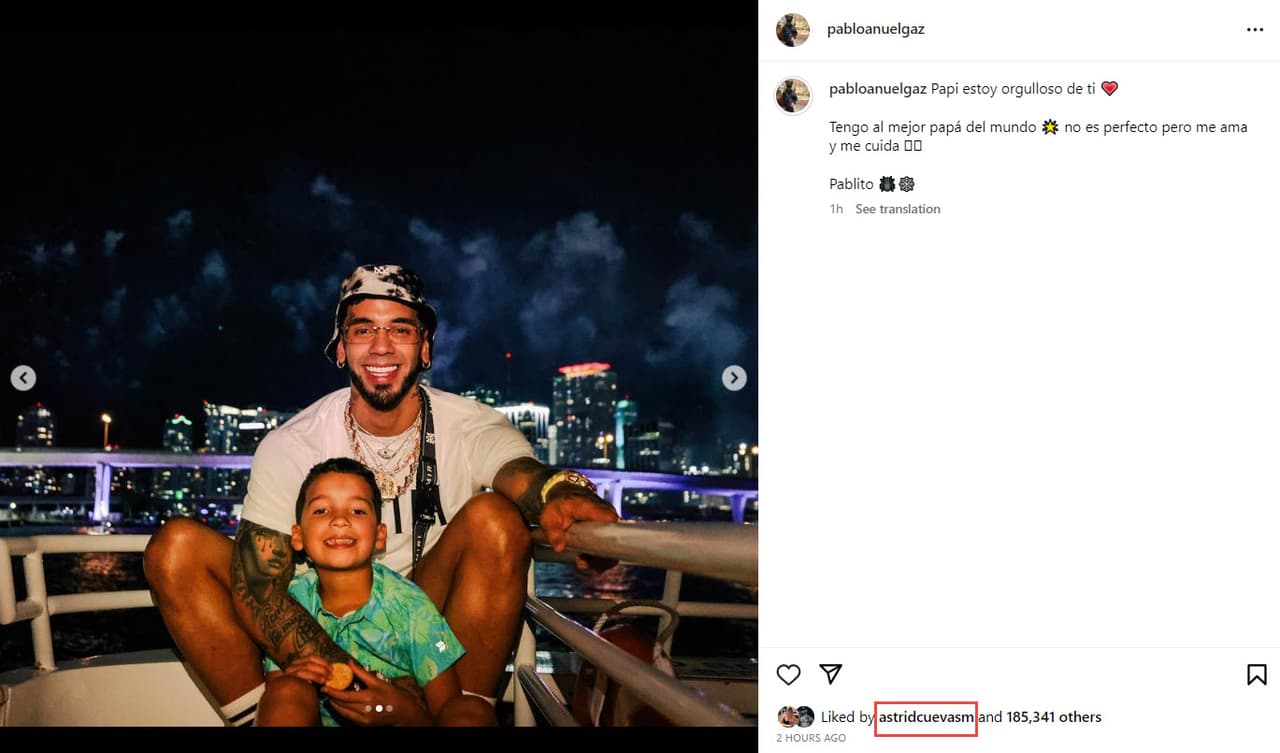 <a href="https://www.univision.com/famosos/expareja-anuel-aa-acusa-usar-hijo-hacerse-publicidad">Astrid Cuevas, expareja de Anuel</a> y madre del niño de 10 años, dio 'me gusta' a la publicación.
<br>