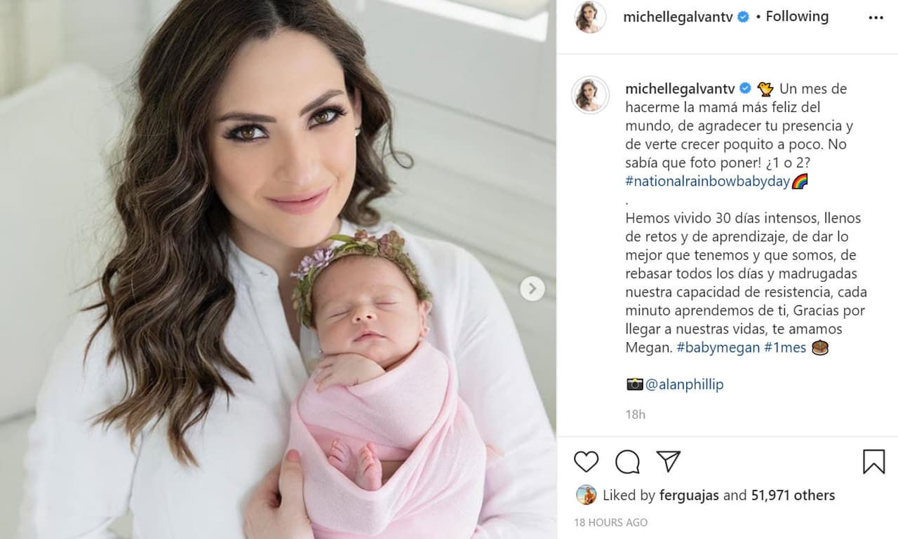 Apenas el pasado 17 de agosto, Michelle Galván
<b> </b>posó por primera vez con su hija Megan
<b> </b>y su esposo Fernando Guajardo para la portada digital de la revista 
<b><a href="https://us.hola.com/es/celebrities/20200817fq8qe2yukh/michelle-galvan-maternidad-hija-megan" target="_blank">Hola! USA. </a></b>
<br>