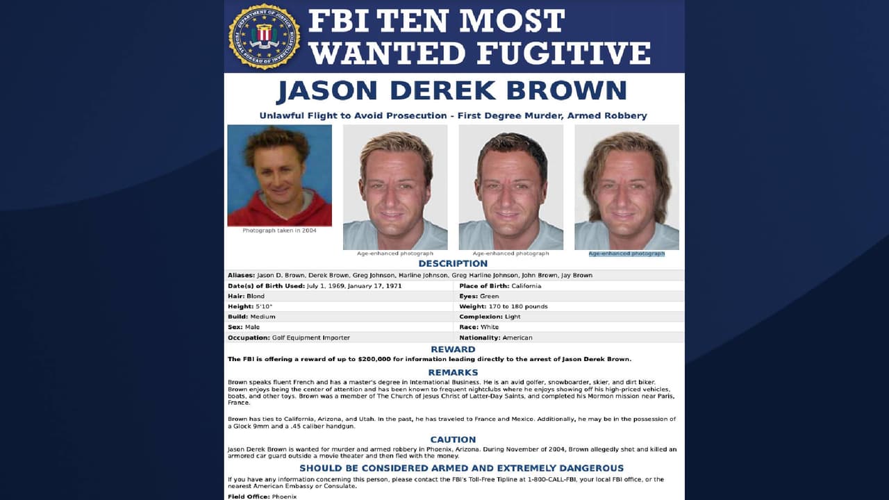 <h3 class="cms-H3-H3">Jason Derek Brown</h3>
<br>La agencia busca a Brown por asesinato en primer grado y robo a mano armada en
<a href="https://www.univision.com/temas/phoenix">Phoenix, Arizona</a>, durante noviembre de 2004. De acuerdo con el FBI, Brown disparó y mató a un guardia de un vehículo blindado afuera de un cine.