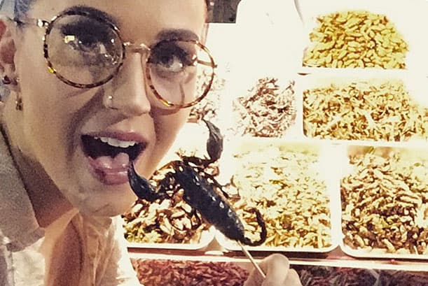 Hay de antojos a antojos y el de Katy Perry fue un poco espeluznante. "Celebrando una carrera de 141 espectáculos con una merienda de escorpión en Bangkok".