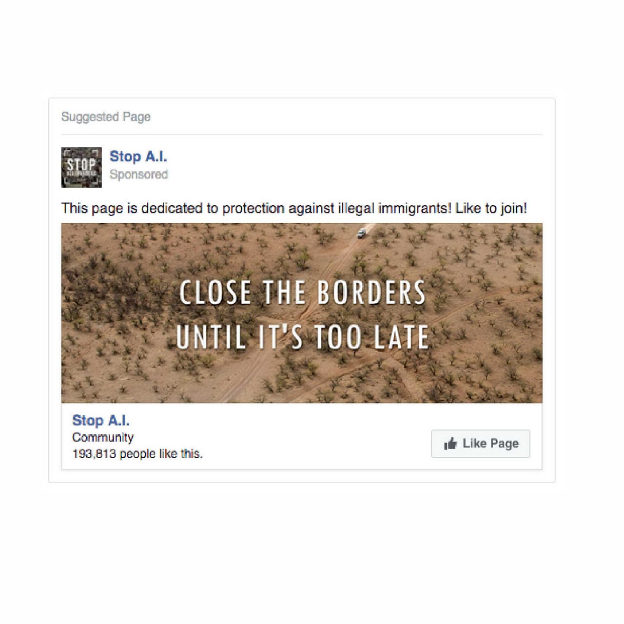 <b>Anuncio 1375.</b> “¡Esta página está dedicada a la protección contra los inmigrantes ilegales! (Marca) Me gusta para unirte!” “Cierren las fronteras antes de que sea tarde”. 
<br>
<b>Costo:</b> 0.08 rublos (0 dólares).