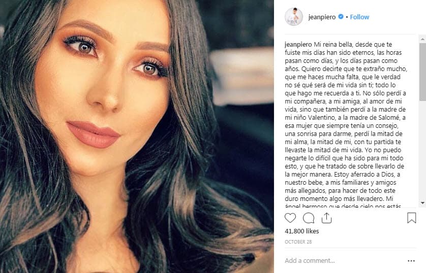 Jean Piero quedó muy afectado por la muerte de su esposa y le ha dedicado sentidos mensajes desde el terrible día.