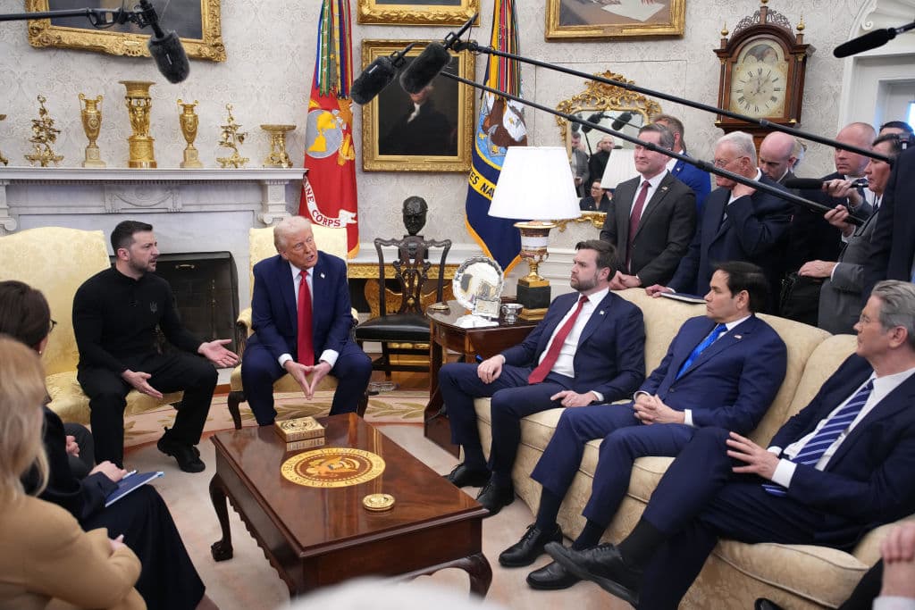 WASHINGTON, DC - FEBRUARY 28: U.S. President Donald Trump (C) and Vice President JD Vance meet with Ukrainian President Volodymyr Zelensky in the Oval Office at the White House on February 28, 2025 in Washington, DC. Trump and Zelensky are meeting today to negotiate a preliminary agreement on sharing Ukraine’s mineral resources that Trump says will allow America to recoup aid provided to Kyiv while supporting Ukraine’s economy. Secretary of State Marco Rubio and Treasury Secretary Scott Bessent were also in attendance. (Photo by Andrew Harnik/Getty Images)