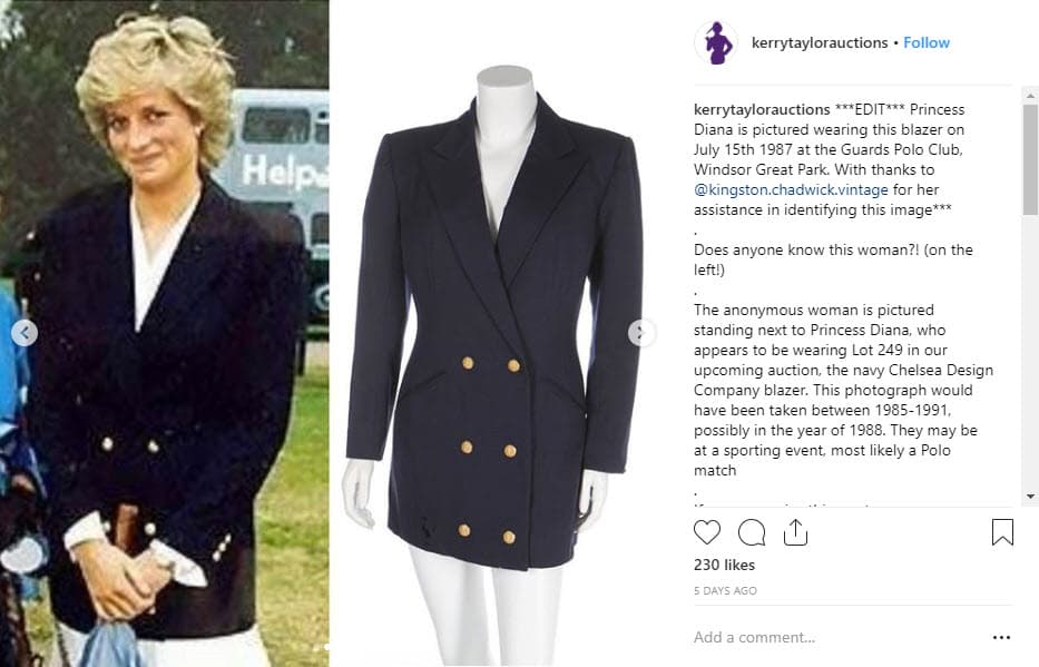 En la misma subasta, otra prenda de la madre de los príncipes William y Harry estará a la venta, se trata de un 'blazer' azul marino que está evaluado entre los 2,500 y 3,500 euros (2,800 – 3,900 dólares).
<br>