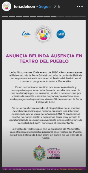 Por su parte, la Feria de León confirmó a través de Instagram, que la cantante no se presentará en el Teatro del Pueblo.