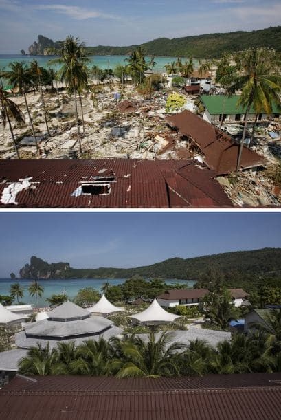 En la isla Phi Phi tiendas, restaurantes y bungalows fueron totalmente exterminados después del tsunami. Ahora luce como en la imagen de abajo.