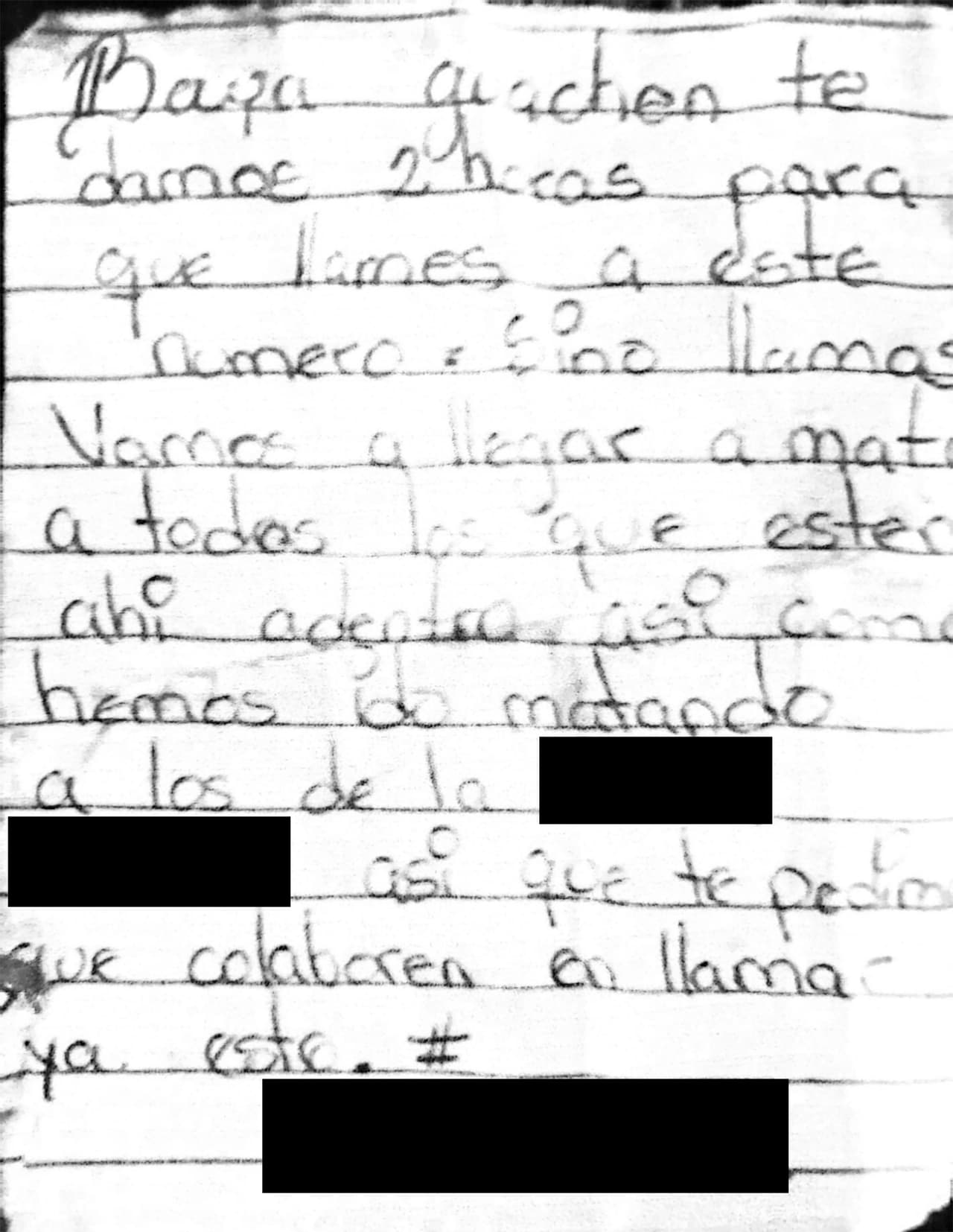 Durante más de una década, el Señor Orellana recibió amenazas de muerte de las pandillas en su casa y su negocio. Esta es una de esas amenazas.