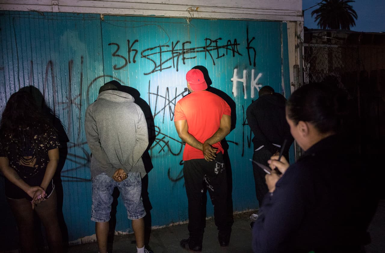 <b>Crips.</b> Es una asociación de numerosos grupos bien estructurados y otros menos organizados llamados 
<i>sets</i> (patotas o cuadrillas, en español), que adoptaron una cultura de pandillas común. Cada 
<i>set</i> varía en su estructura y pueden carecer de liderazgo formal o tener jefes locales con subordinados. Se componen principalmente de jóvenes afroestadounidenses entre 10 y 40 años y se establecieron en Los Ángeles a principios de los 60. Las autoridades han identificado a miembros de Crips en todos los estados, excepto West Virginia y Vermont. Aunque su principal fuente de ingresos es la distribución de drogas se han involucrado en todo tipo de crímenes. Se identifican con los colores azul y púrpura, y con las letras BK (por Blood Killas, o asesinos de Bloods, sus rivales). En la fotografía, un grupo de sospechosos de pertenecer a la pandilla Crips son arrestados en Los Ángeles en 2017.