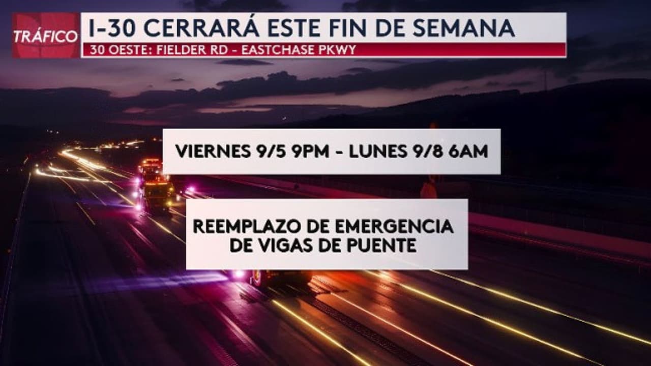 <h3 class="cms-H3-H3">¿Cuándo estará cerrada la I-30? </h3>
<br>Los cierres son este fin de semana, a partir del viernes a las 9:00 pm y seguirán el lunes hasta las 6:00am.
<br>
<br>
<h3 class="cms-H3-H3">¿Dónde son los cierres?</h3>
<br>Los cierres son en la I-30 oeste a la altura de Fielder Rd - Eastchase Pkwy.