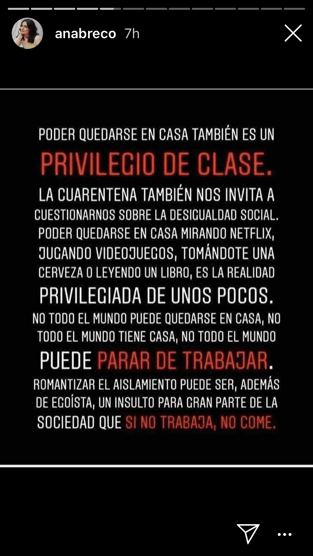 <b>"Quedarse en casa también es un privilegio de clase"</b>, escribió la actriz, "la cuarentena también nos invita a cuestionarnos sobre la desigualdad social". 
<br>