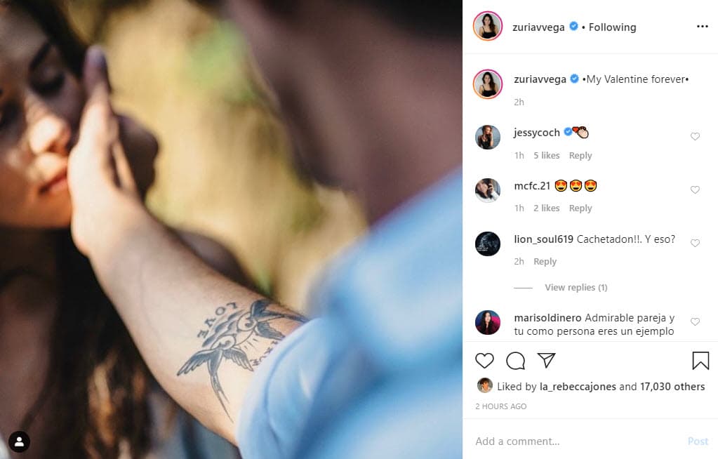Con una tierna fotografía con su esposo 
<b>Alberto Guerra, Zuria Vega </b>mostró el amor que le tiene: "Mi Valentín por siempre", escribió en Instagram.