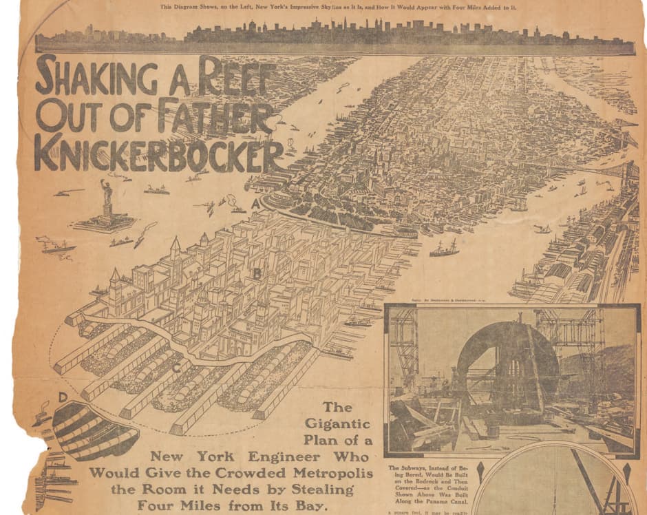 En 1911, el ingeniero civil T. Kennard Thomson propuso abrir el trazado de Manhattan a cientos de acres de nuevos desarrollos mediante la creación de "dos ataguías paralelas … que bombeen agua, y rellenen el canal debajo de la punta sur de Manhattan.
