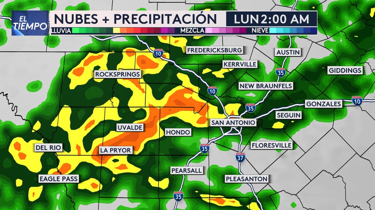 En la madrugada del lunes, se espera que
<b>la mayor concentración de tormentas se dé en la zona de Uvalde y La Pryor</b>, alrededor de las 2 am, mientras que
<b>algunas células tormentosas se aproximarán a San Antonio desde el oeste</b>.