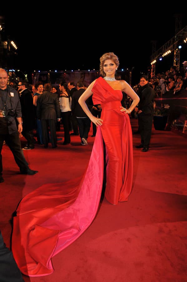 Ana Barbara vistió un atuendo espectacular en color rojo en el que destacó un complejo escote y una una larga cauda con el forro en rosa profundo. Se llevó las palmas de los críticos más exigentes de la moda.