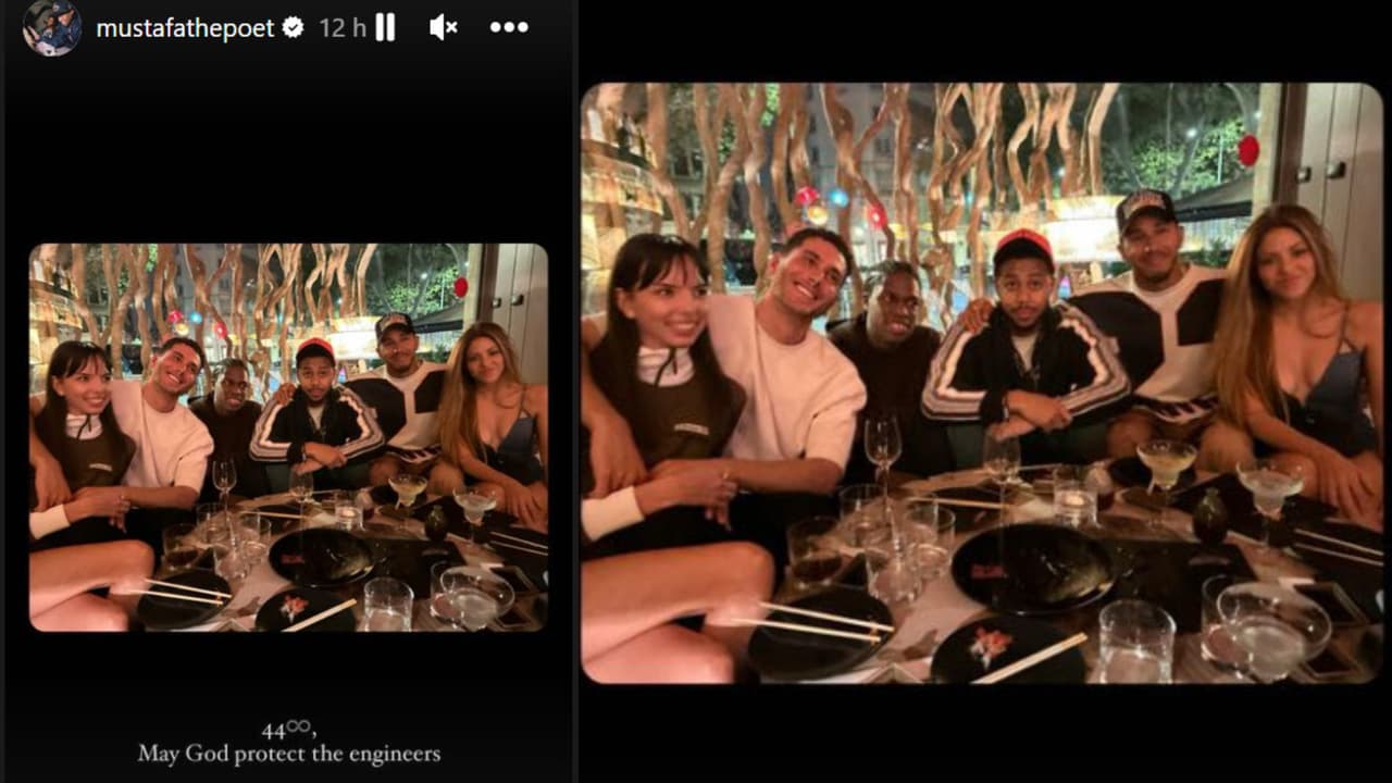 Esta es la foto que publicó el cantante Mustafa The Poet en la que posan juntos Shakira y Lewis Hamilton.