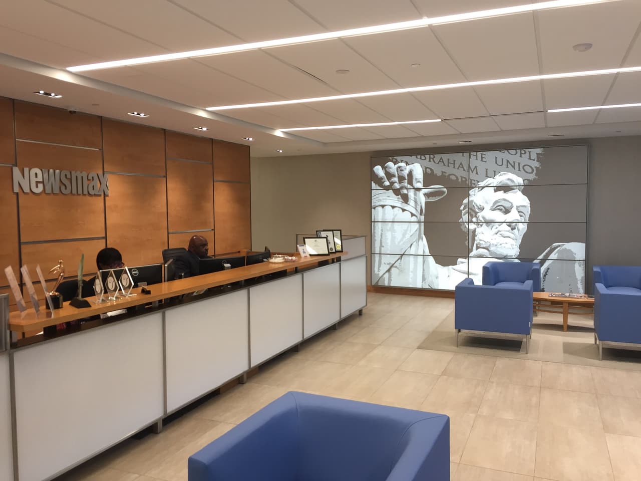 Newsmax office lobby in Boca Raton features an image of Abraham Lincoln