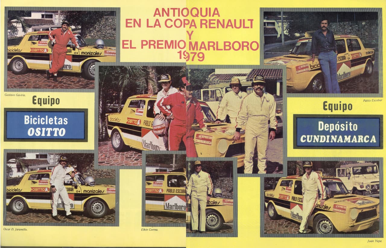 Este documento histórico muestra la
<b> incursión de Pablo Escobar</b> (en el sector superior izquierdo de la imagen) 
<b>en competencias de automovilismo</b> en representación de Antioquia, el departamento al noroeste de Colombia cuya capital es Medellín.