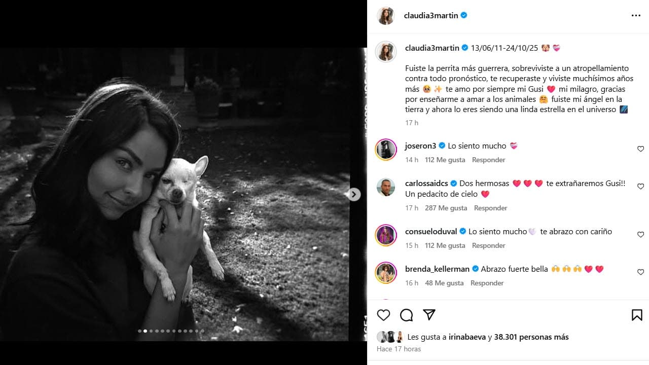 Claudia Martin está de luto por la muerte de su perrita Gusi.