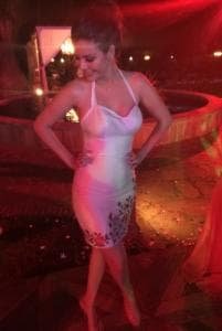 El traje de novia era tres en uno, es decir, varias de las piezas del vestido eran desmontables. Utilizó la larga cauda en la ceremonia, mientras que en la recepción se la quitó y quedó al raso del piso, ya entrada la noche pudo quedarse en un mini vestido para bailar con libertad el resto de la noche.
<br>