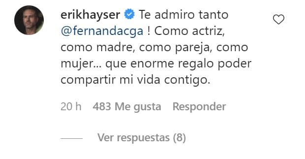 El mensaje tuvo respuesta y admiración por parte de su prometido Erik Hayser: "Qué enorme regalo
<b><a href="https://www.univision.com/famosos/fernanda-castillo-recibe-el-anillo-en-plena-cuarentena-y-anuncia-su-compromiso-con-erik-hayser-fotos" target="_blank"> poder compartir mi vida contigo</a></b>", le dijo.
<br>