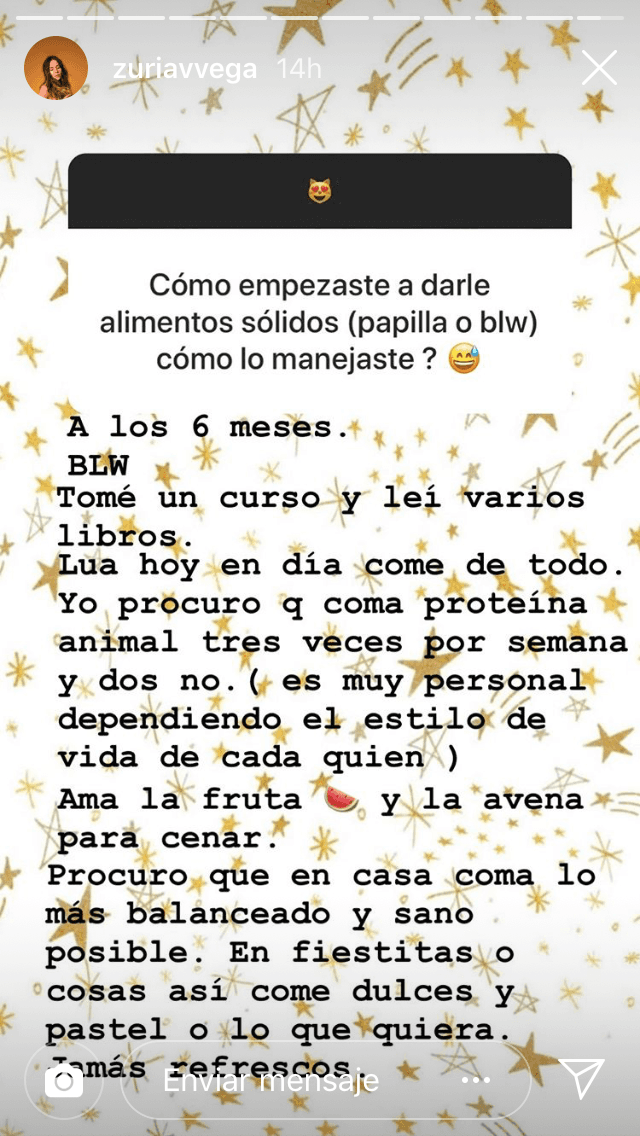 Además, dio detalles de la alimentación que da a Lúa, su hija mayor.