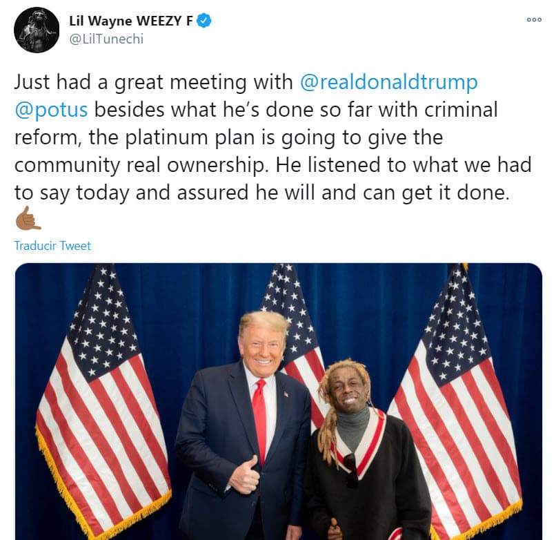 "
<b><a href="https://twitter.com/LilTunechi/status/1321941986174226432" target="_blank">Acabo de tener una gran reunión con Donald Trump</a></b>, además de lo que ha hecho hasta ahora con la reforma criminal, el Plan Platino le dará a la comunidad una verdadera propiedad. Escuchó lo que teníamos que decir hoy y aseguró que lo hará y que puede hacerlo", escribió.
<br>